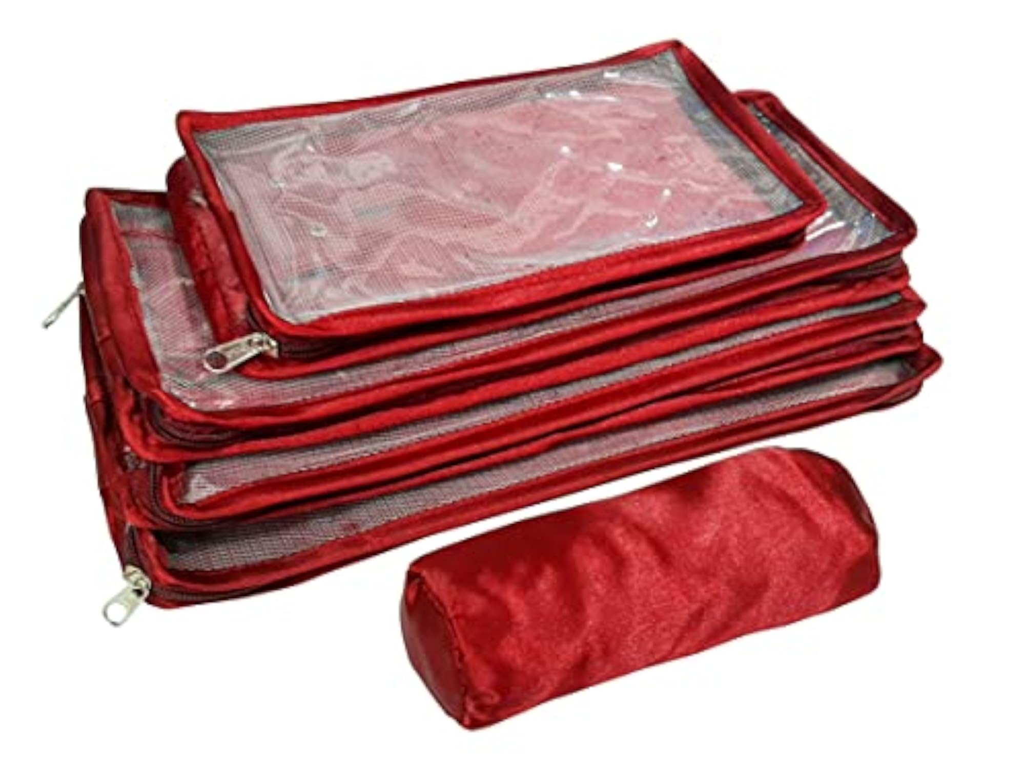 Satin Maroon Make-Up Pouch Jewellery Box